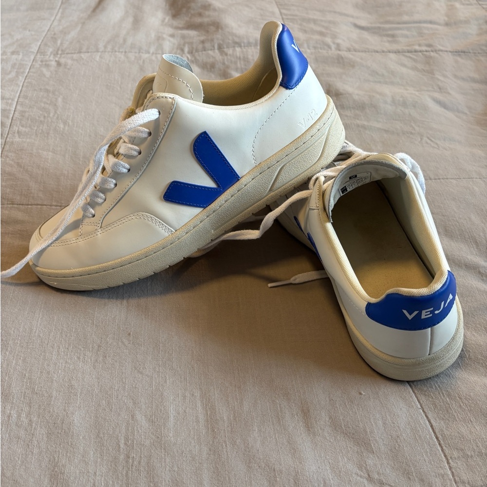 Veja V-12 White Leather Sneakers with Blue Logo Accents